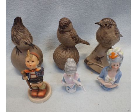 POOLE POTTERY: THREE BARBARA LINLEY ADAMS BIRDS a Goebel 'Hummel' figure, and two half-dolls (one with mended neck)