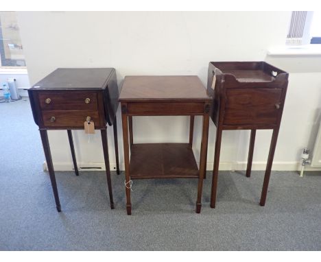 A VICTORIAN MAHOGANY TWO-TIER OCCASIONAL TABLE 72cm high, together with a small drop flap and a tray top commode (3)