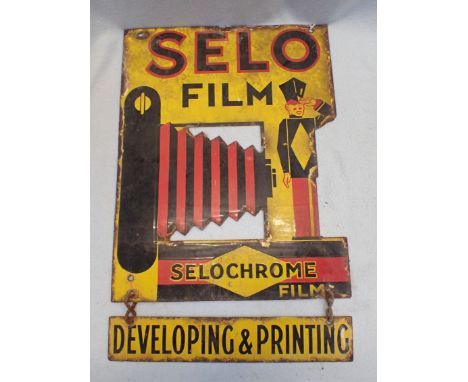A 'SELO FILM' PHOTOGRAPHY 'SELOCHROME FILM' ENAMEL ADVERTISING SIGN double sided, of Art deco cut-out design, with pendant 'd