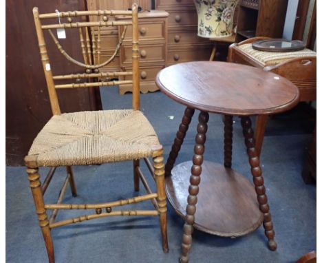 A REGENCY FAUX BAMBOO CHAIR with a decorative grained finish, and a later oval occasional table with bobbin turned legs