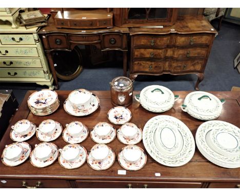 LATE VICTORIAN BONE CHINA IMARI STYLE TEA SERVICE with part dinner service, Royal Doulton Almond Willow, and a wooden biscuit