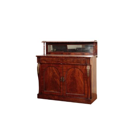 A REGENCY MAHOGANY CHIFFONIER, early 19th century, the rectangular top with galleried shelf with mirrored back, above a mahog