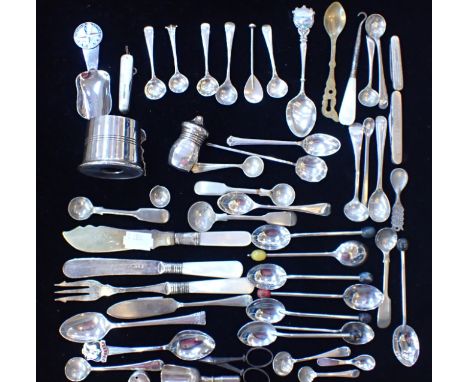 A COLLECTION OF SILVER CRUET SPOONS and plated items, including a Festival of Britain souvenir caddy spoon