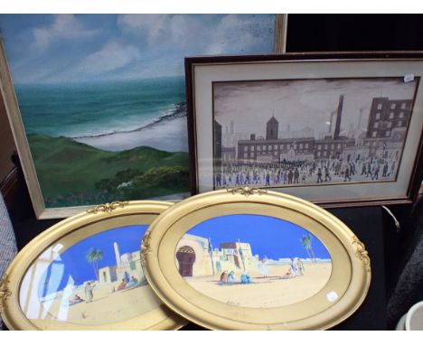 A PAIR OF EARLY 20TH CENTURY GOUACHE EASTERN SCENES in gilt oval frames, an oil on board coastal scene, and a print after L.S