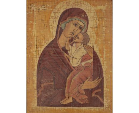 RUSSIAN SCHOOL, 20TH CENTURY 'Madonna and Child' in the style of a traditional icon, print on linen, 80cm x 60cm; together wi