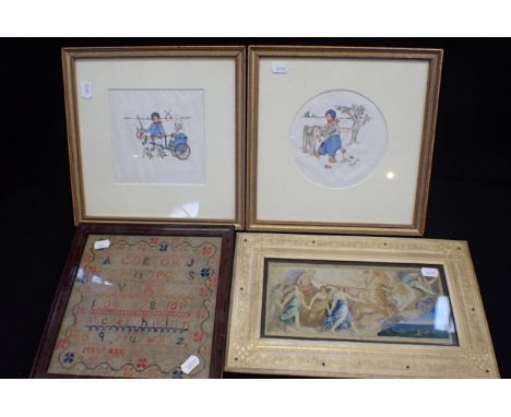 A 19TH CENTURY SAMPLER; 'MARY ANN' an Italian overpainted photographic picture by F. Mochetti, and two painted silk panels