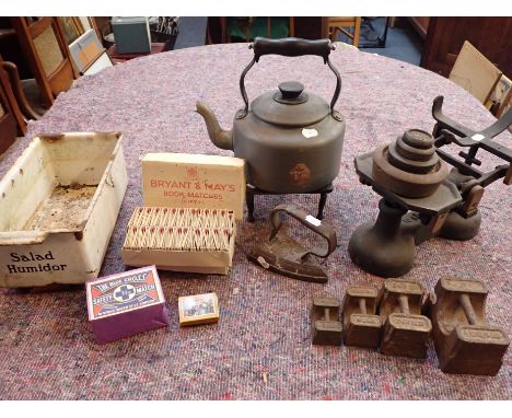 AN AGA KETTLE with other domestic metalware and  a collection of vintage matches