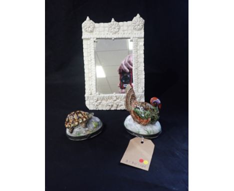 A LIMOGES FRANCE PORCELAIN BOX with a turkey lid, 10cm high, and another with a tortoise lid, together with a ceramic framed 