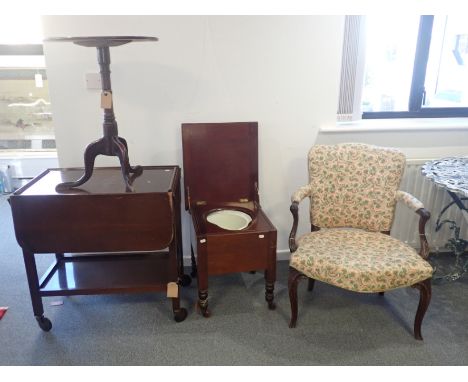 A GEORGE III MAHOGANY ELBOW CHAIR in Hepplewhite style, 81cm high, with feet cut-down, together with a tripod table, a drinks