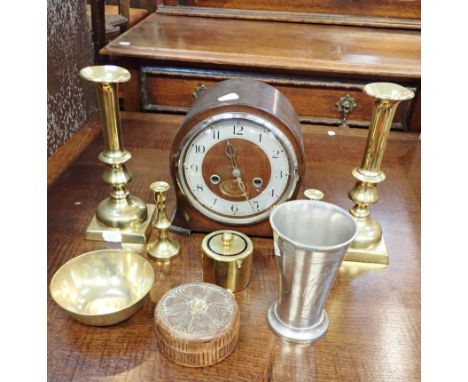 A SMITHS MANTLE CLOCK with a pair of brass candlesticks and other metalware