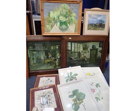 A COLLECTION OF PAINTINGS AND PRINTS including botanical prints and a pair of Old Master prints in period frames