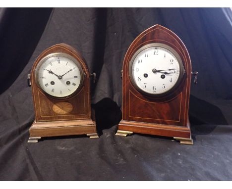 A VICTORIAN MAHOGANY SATINWOOD INLAID MANTEL CLOCK the white enamel dial with black Arabic numerals and dark blue steel hands