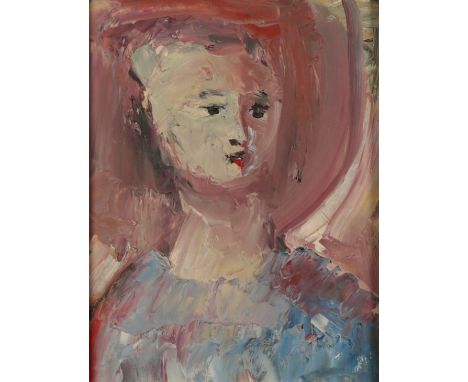 CONTINENTAL SCHOOL, 20TH CENTURY, A stylised head and shoulders portrait of a woman in pastel tones, oil on board, 34.5cm x 2