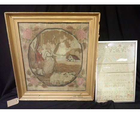 A 19TH CENTURY NEEDLEWORK PICTURE 44cm x 39cm, together with a sampler (2)