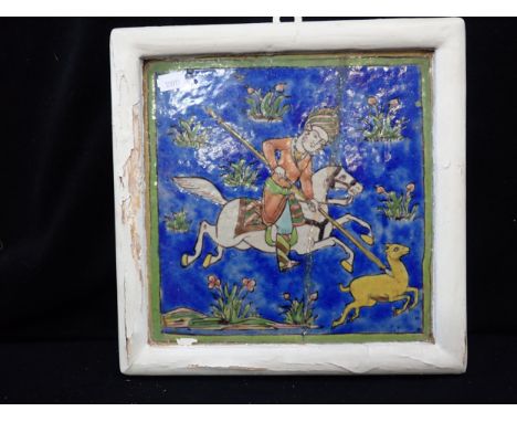 PERSIAN TILE WITH HUNTING SCENE old repair, 18th or 19th century, 25 cms square