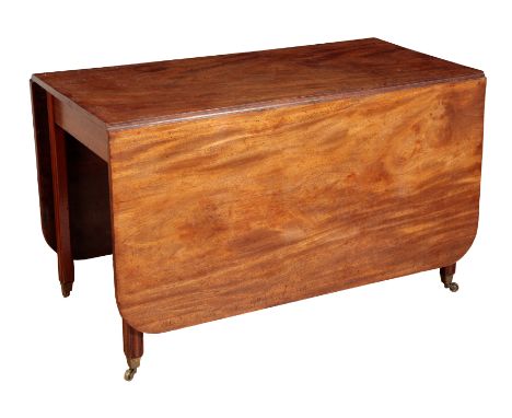 A GEORGE III MAHOGANY DROP-FLAP DINING TABLE, the rectangular top with rounded corners, supported by a gate-leg movement, on 