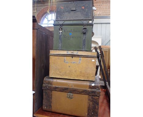 A PAINTED TIN DEED BOX; 'COOKHAM REGISTERS' a grained tin trunk, and two other tin boxes