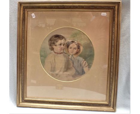 A 19TH CENTURY WATERCOLOUR PORTRAIT OF TWO CHILDREN with label; 'Painted by M. Louisa Herschel...' 50 x 54cm