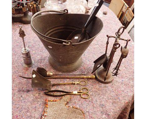 A GALVANISED COAL BUCKET with a hearth set and various fire tools