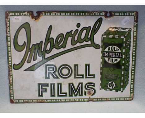AN 'IMPERIAL ROLL FILMS' PHOTOGRAPHY ADVERTISING ENAMEL SIGN double sided, c.1930 25.5 x 35.5cm (suspension holes rusted out,