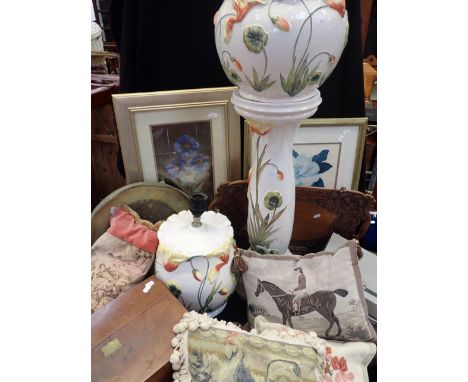 A JARDINIERE AND STAND, MATCHING LAMP scatter cushions, writing slope (damaged) and other items
