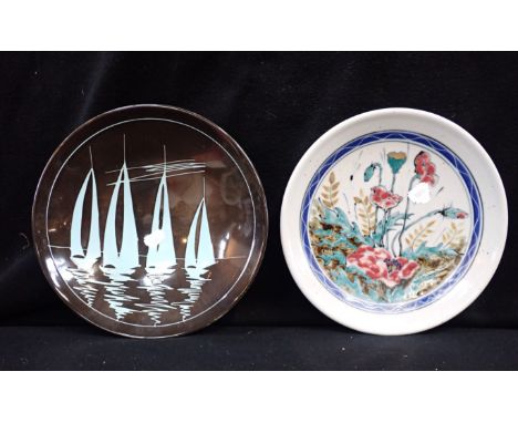 POOLE POTTERY AEGEAN DISH sailing boat design, PS monogram, 28 cms diam, with a Highland Stoneware dish