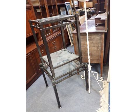 AN ART DECO STYLE METAL FRAMED LAMP TABLE with hammered paint finish, another smaller, matching, and a wrought metal standard