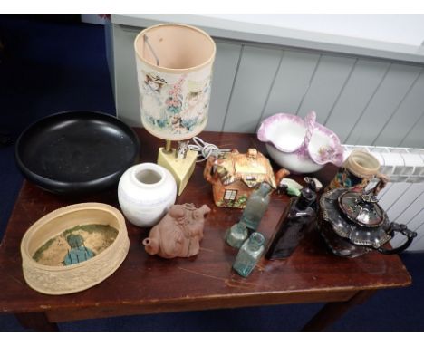 A GINGER JAR, A TERRACOTTA TEAPOT a child's lamp with mouse, Cafe Vierge brown bottle and others