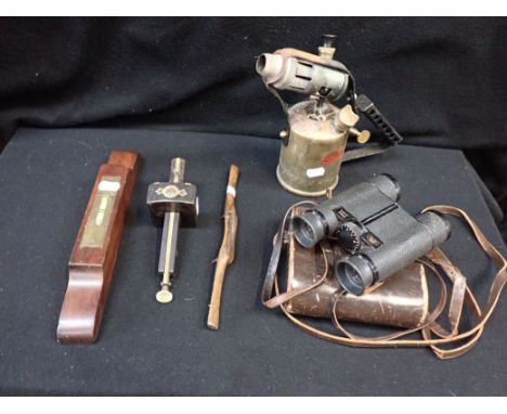 THREE VINTAGE TOOLS with a blow lamp and a pair of cased Zeiss binoculars