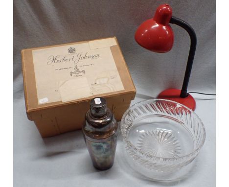 A 1980S ADJUSTABLE LAMP, A PLATED COCKTAIL SHAKER a trifle bowl, and a vintage card hatbox