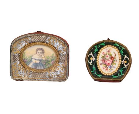 Two enameled purses and a compact, one purse enameled with flowers, the other parcel-gilt steel centering a portrait of a you