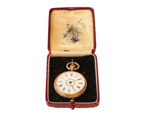 A lady's 14-carat gold and enamel fob watch, circa 1900Condition report: Balance swings. Case in good order with minor wear a