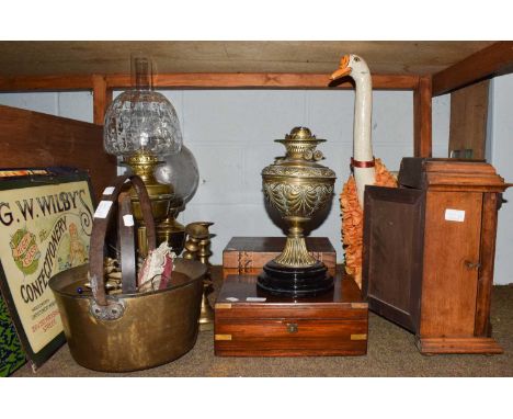 Three brass based oil lamps, a mantle clock, a Victorian rosewood writing slope, a similar walnut example with Tunbridge inla