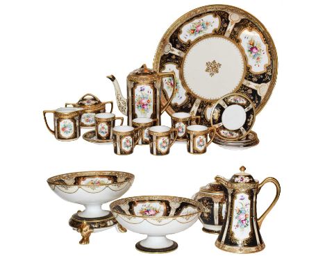 A 20th century Noritake black ground and gilt decorated coffee set, each piece painted with floral sprays, comprising: coffee