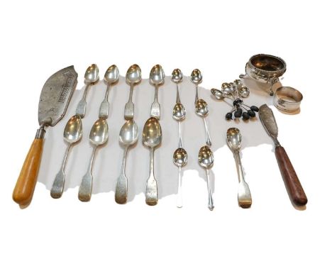 A Collection of Assorted Silver including: a George III silver fish-slice with ivory handle; a Victorian silver salt-cellar; 