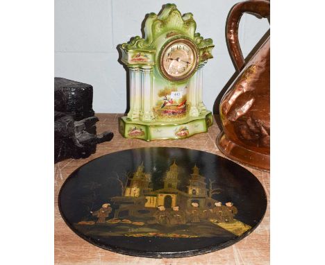 A Victorian pottery table clock, painted with exotic birds in a landscape, 39.5cm high, together with a Victorian Chinoiserie