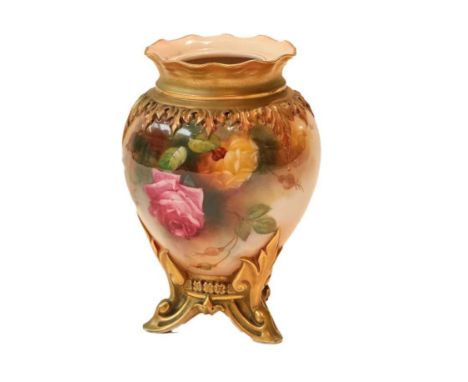 A Royal Worcester porcelain floral and gilt decorated vase, circa 1900, the moulded rim lacking lid above rose painted panels