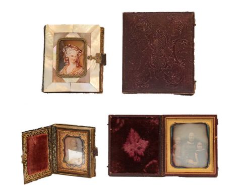Two Daguerreotypes, one with mother-of-pearl cover and a central picture of a lady, the second leather-bound, containing a pi