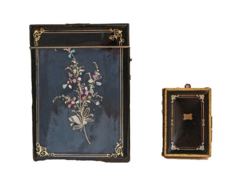 A Victorian Papier Mache and Mother-of-Pearl Inlaid Card-Case, oblong, painted and inlaid on one side with a vase of flowers,