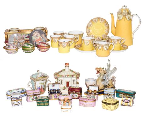 A Royal Worcester yellow ground coffee set; seventeen 20th century Limoges floral decorated pill/trinket boxes; an Italian Ma