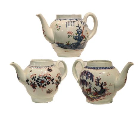 A Philip Christians Liverpool teapot of globular form, painted in underglaze blue and coloured enamels with a garden landscap