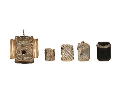 A collection of silver, comprising: a taper-candlestick cum match slide and four various vesta-cases (5)