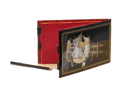 A mother-of-pearl inlaid aide memoire, the cover inlaid with a ship at sail, the interior with various pages 13.5cm high