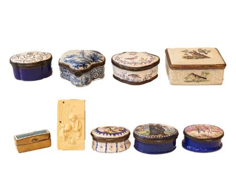 An 18th century Staffordshire enamel patch box, deocrated with a scene 'Vicar and Moses', another patch box decorated with a 