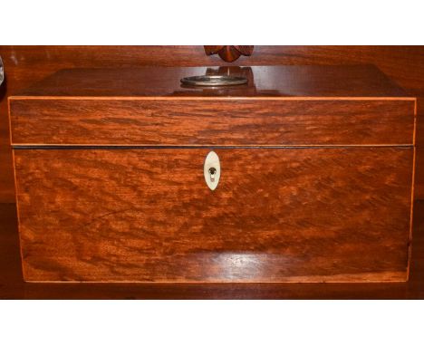 A Regency inlaid partridge wood tea caddy housing a pair of lidded tea boxes, and an original flat cut glass mixing bowl, 30c