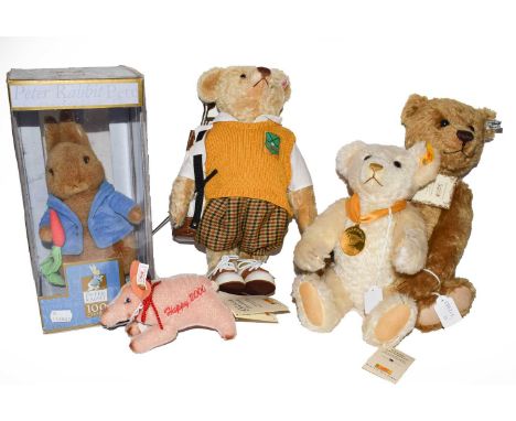 Three Steiff bears including '2002' 'Millennium' 'Golfer', a happy 2000 Steiff pig, and a 100 year Peter Rabbit (5)