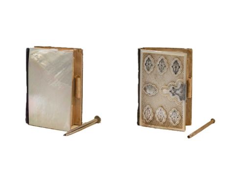 Two Victorian silver inlaid mother-of-pearl aide memoires, each oblong and variously decorated, 9.5cm and slightly smaller (2