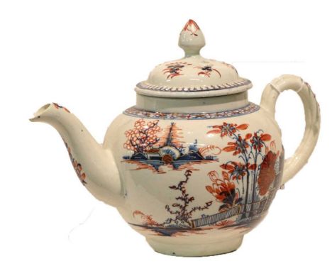A Philip Christian Liverpool teapot and cover of globular form, painted in underglaze blue and later clobbered with a typical