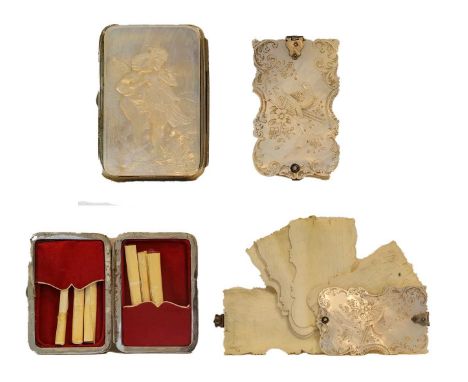 A Victorian Mother-of-Pearl Mounted Cheroot-Case, the hinged cover carved with two putto, 8.8cm high; together with a Victori