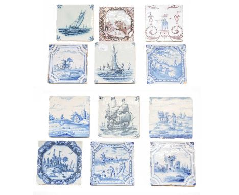 A quantity of 18th century British and Continental Delft tiles, mainly blue and white and including Manganese decoration, mar